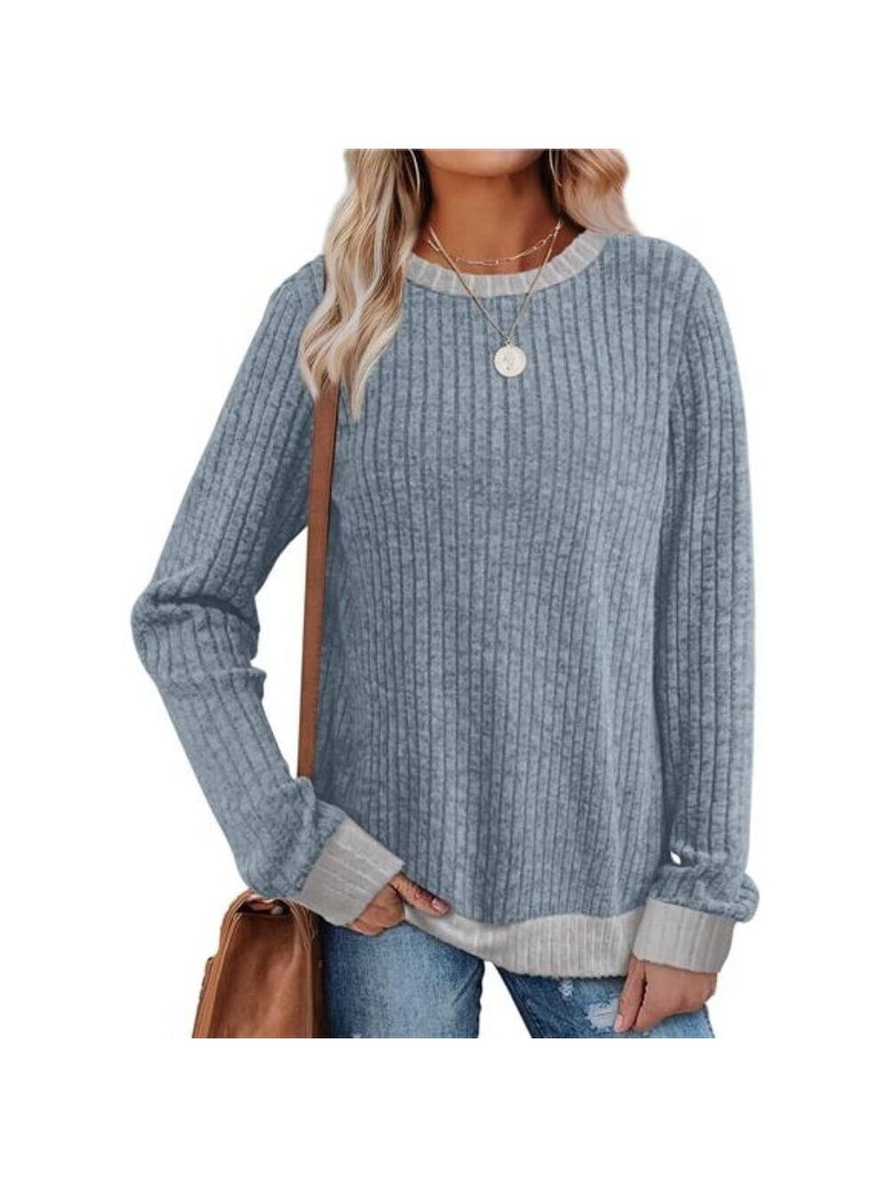 Womens Long Sleeve Shirt Color Block Sweater Loose Fit Tunic Fall Casual Top